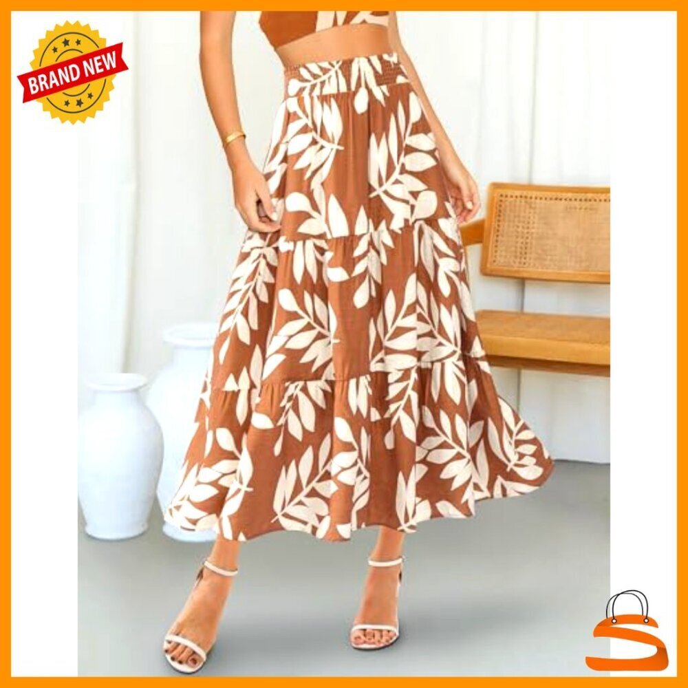Floral Print A-Line Maxi Skirt with Pockets, Elastic High Waist, Viscose Blend - Picture 3 of 7